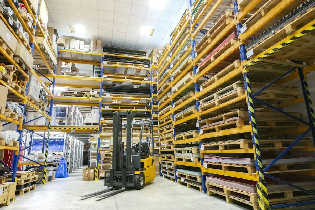 Forklift in a warehouse with racks of palletised stock